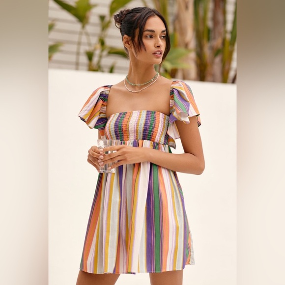 ANTHROPOLOGIE Ruffle Sleeve Open Back Mini Dress in Nouveau - Picture 1 of 8